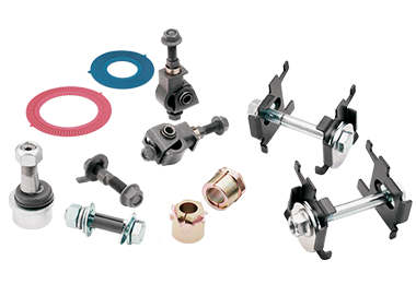 A variety of MOOG alignment parts, such as cam plate adjusting kits, control arm shafts and mounts, rear contact shims, etcetera 