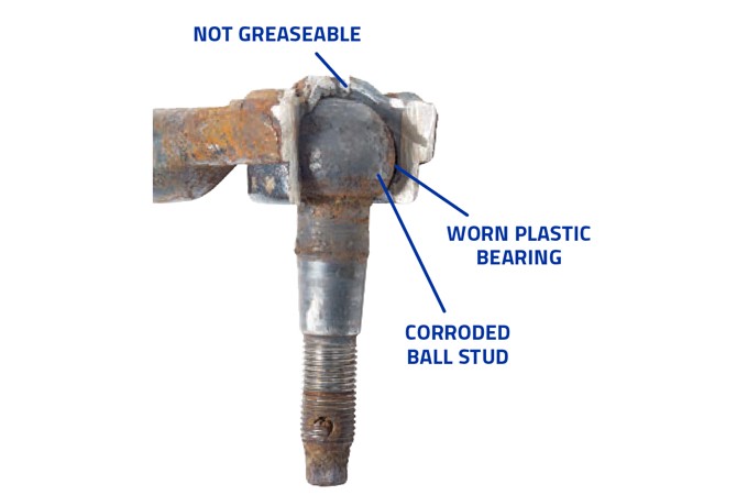 worn-outer-tie-rod Worn Outer Tie Rod. Not Greasable. Worn Plastic Bearing. Corroded Ball Stud.
