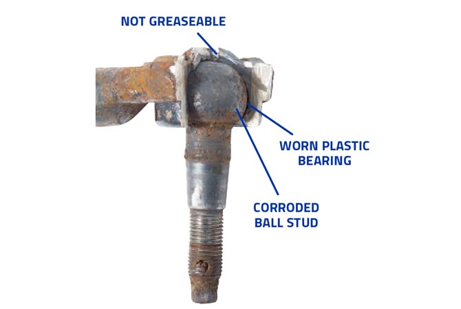 Worn Outer Tie Rod. Not Greasable. Worn Plastic Bearing. Corroded Ball Stud.