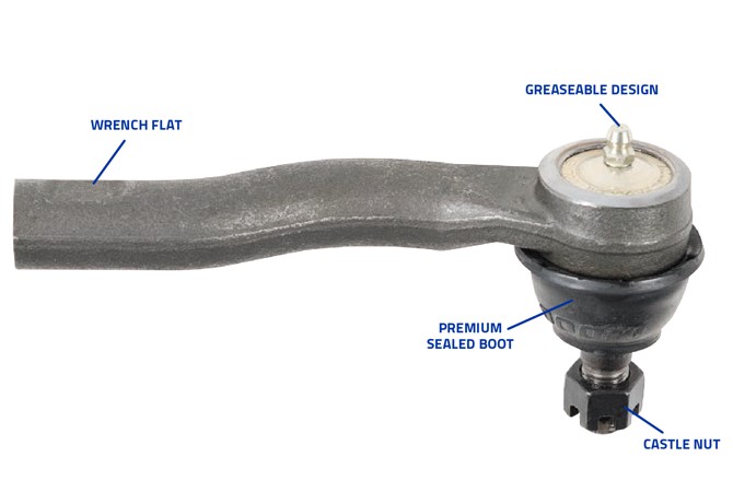 Outer Tie Rod Features. Wrench flat. Greasable design. Premium sealed boot. Castle nut.