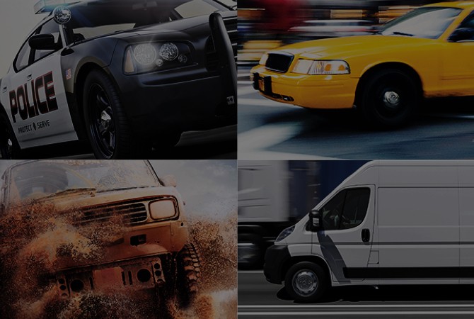 Texi, police car, delivery van, and offroad truck in a cross cell pattern