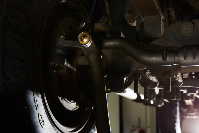 MOOG-Steering-Linkage-On-Vehicle Steering linkage attached to the bottom of the vehicle