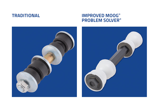 A traditional bolt style compared side by side with an improved MOOG problem solver 