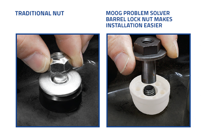 Traditional nut compared side by side with a MOOG Problem Solver Barrel Lock Nut