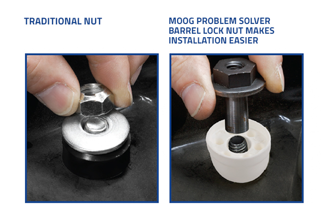 Installing-MOOG-Bolt-Style-Sway-Bar-Link Traditional nut compared side by side with a MOOG Problem Solver Barrel Lock Nut